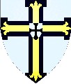 Argent, upon a cross potent Sable surmounted by a cross flory Or upon an escutcheon of pretense Argent, a cross patte Sable